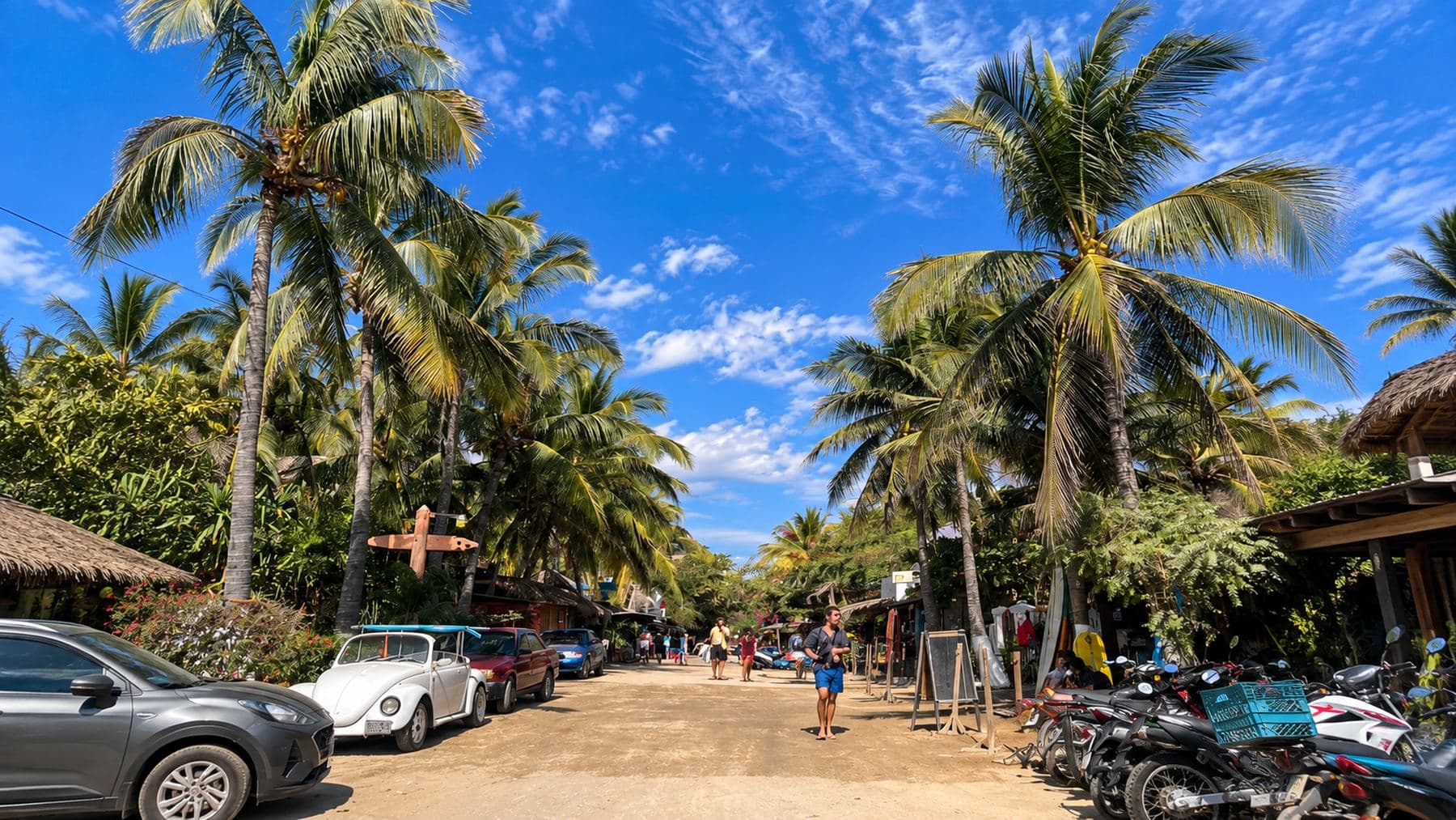 Calle de Zicatela en Puerto Escondido con palmeras, autos y motos